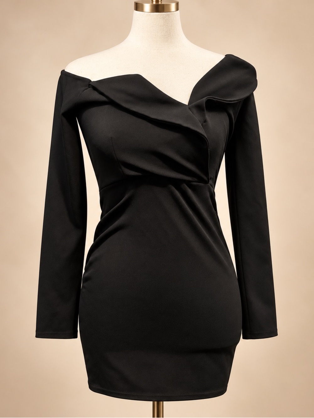 Black Off-Shoulder Long-Sleeve Ruched Bodycon Mini Dress – Size XS